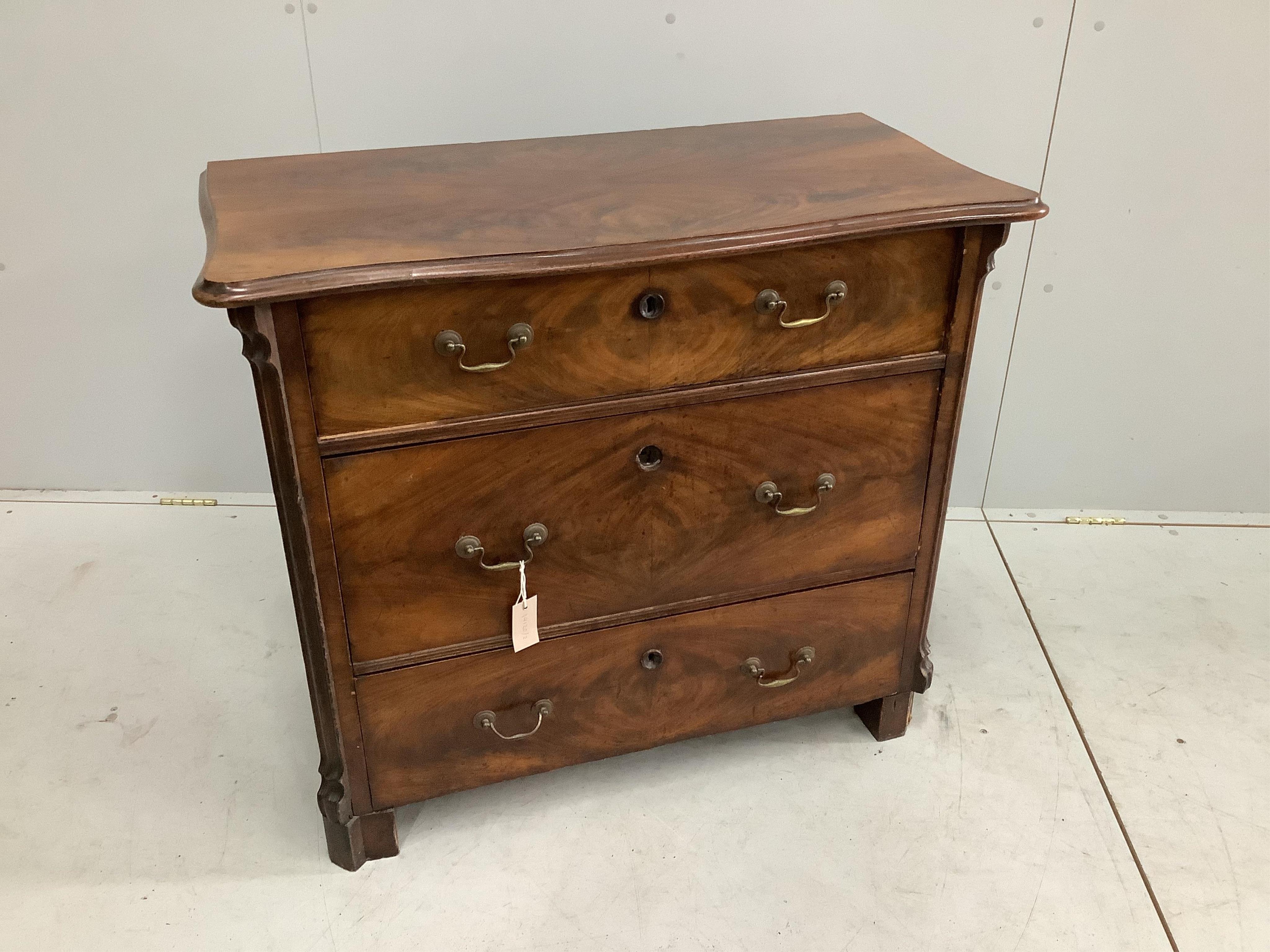 A 19th century Continental mahogany three drawer chest, width 92cm, depth 46cm, height 81cm